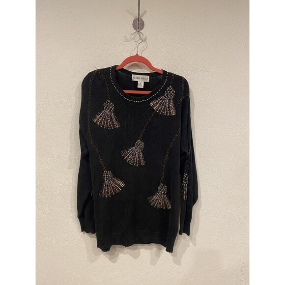 Victoria Harbour Sweater Womens Large Black Beaded Tassel Crewneck Ramie Cotton - Picture 2 of 6